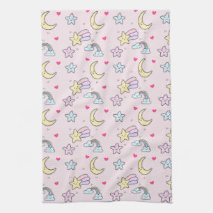 Paño De Cocina Moon, Stars and Clouds Pattern en rosa pastel