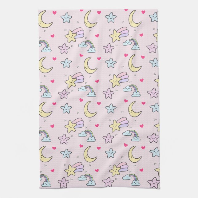 Paño De Cocina Moon, Stars and Clouds Pattern en rosa pastel (Vertical)