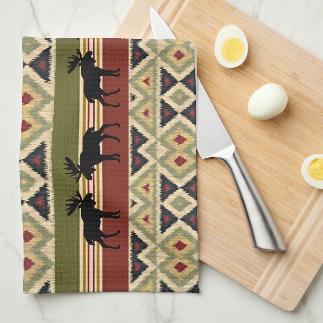 Paño De Cocina Moose Wildlife Animal Rojo Ochre Ikat Stripes (Doblado Cuarto)
