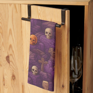 Paño De Cocina Morado Graves Plata Calavera de bronce Halloween