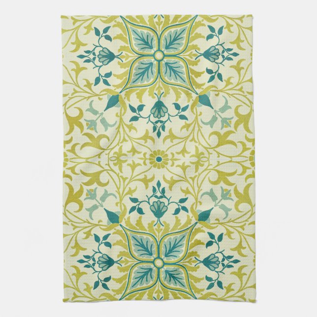 Paño De Cocina Morris Yellow Turquoise Vine & Flower Pattern (Vertical)