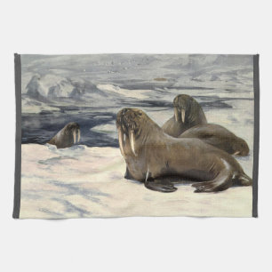 Paño De Cocina Morsas en la nieve ártica, animal marino vintage