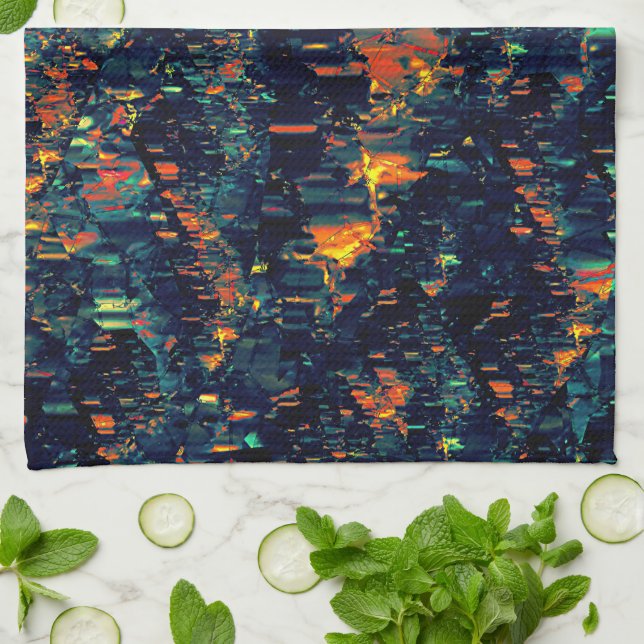 Paño De Cocina Mosaico abstracto de fogata desplazada sobre verde (Doblado)