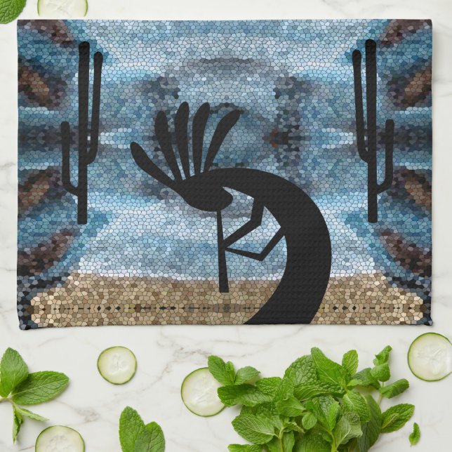 Paño De Cocina Mosaico azul del desierto del suroeste de Kokopell (Doblado)