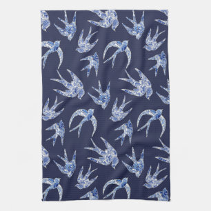 Paño De Cocina Mosaico azul marino Chinoiserie Moda de pájaro az