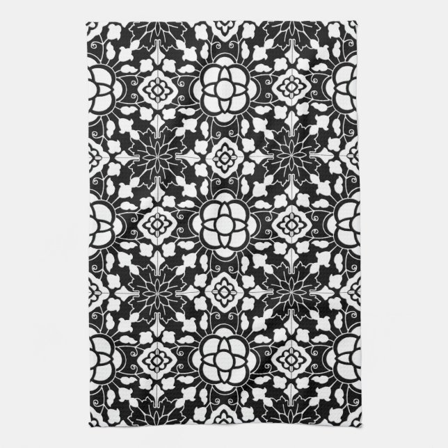 Paño De Cocina Mosaico floral marroquí, negro y blanco (Vertical)
