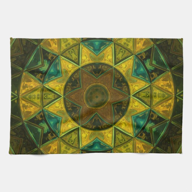 Paño De Cocina Mosaico Kaleidoscope Flor Amarillo y Verde (Horizontal)