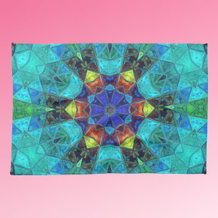 Paño De Cocina Mosaico Kaleidoscope Flor azul Verde y Naranja