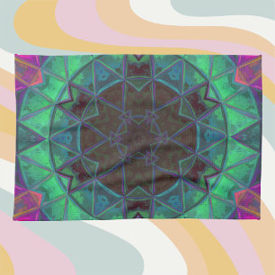 Paño De Cocina Mosaico Kaleidoscope Flor azul verde y rosa