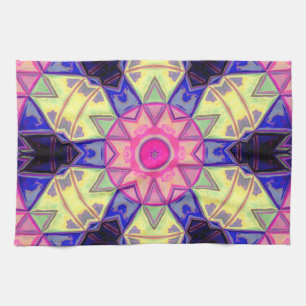 Paño De Cocina Mosaico Kaleidoscope Flor rosa amarillo y azul