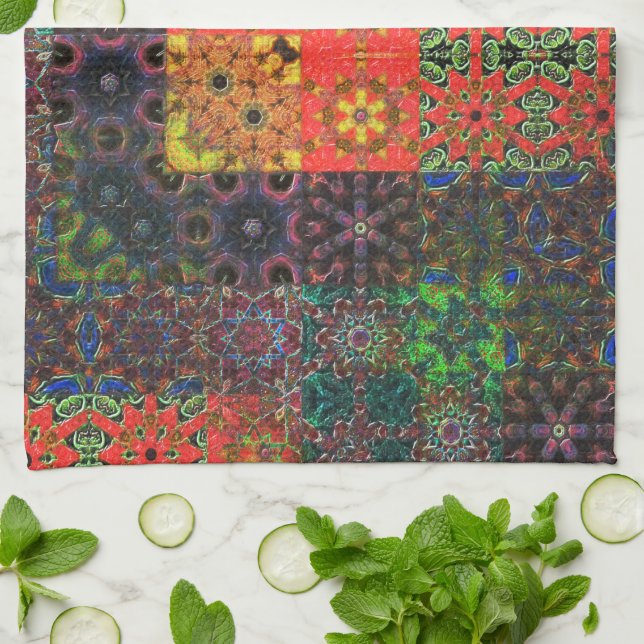 Paño De Cocina Mosaico kaleidoscopio entre verde y coral y marrón (Doblado)