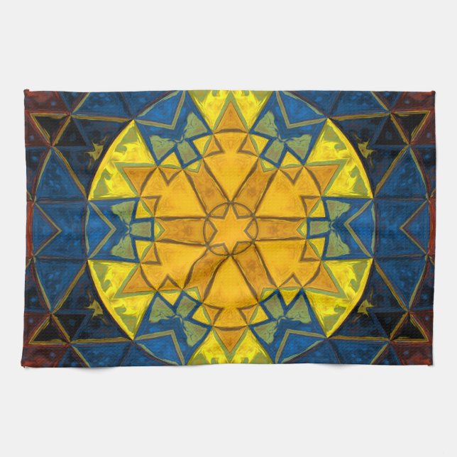 Paño De Cocina Mosaico Mandala Flor amarillo azul y rojo (Horizontal)