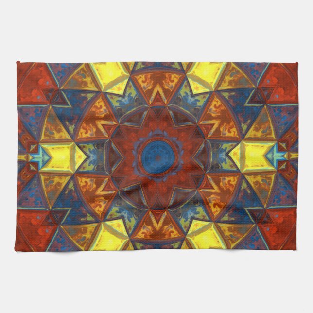 Paño De Cocina Mosaico Mandala Flor Amarillo Rojo y Azul (Horizontal)
