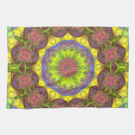 Paño De Cocina Mosaico Mandala Flor amarillo rosa y verde