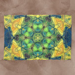 Paño De Cocina Mosaico Mandala Flor Amarillo Verde y Azul<br><div class="desc">Esta flor de mosaico caleidoscopio presenta brillantes azulejos verdes,  amarillos y azules. Su geometría vívida está inspirada en fractales,  mandalas y mosaicos de vidrio manchado. ¡Consigue este diseño trippy para tu amigo favorito que ama los colores brillantes!</div>