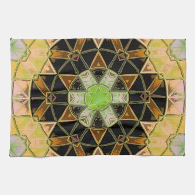 Paño De Cocina Mosaico Mandala Flor Amarillo Verde y Negro (Horizontal)