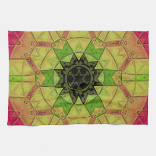 Paño De Cocina Mosaico Mandala Flor Amarillo Verde y Rosa