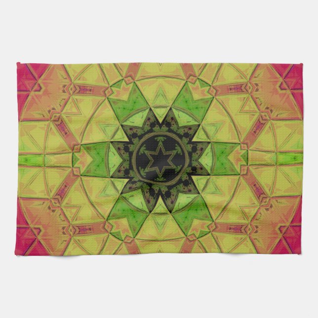 Paño De Cocina Mosaico Mandala Flor Amarillo Verde y Rosa (Horizontal)