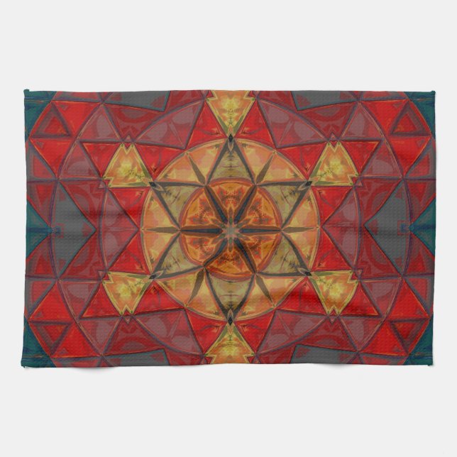 Paño De Cocina Mosaico Mandala Flor azul rojo y amarillo (Horizontal)