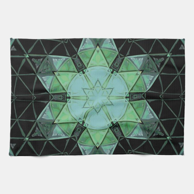 Paño De Cocina Mosaico Mandala Flor Azul Verde y Negro (Horizontal)