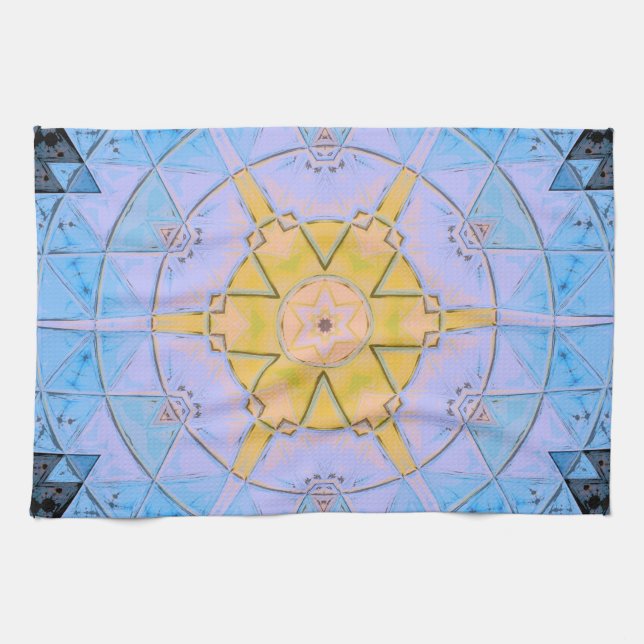 Paño De Cocina Mosaico Mandala Flor azul y amarillo (Horizontal)