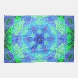Paño De Cocina Mosaico Mandala Flor Azul y Verde