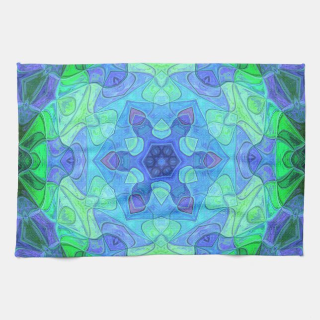 Paño De Cocina Mosaico Mandala Flor Azul y Verde (Horizontal)