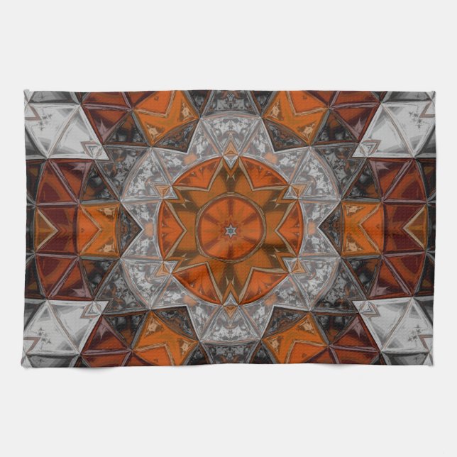 Paño De Cocina Mosaico Mandala Flor Naranja Blanco y Negro (Horizontal)