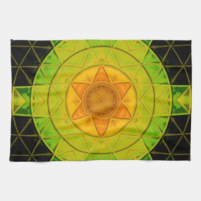 Paño De Cocina Mosaico Mandala Flor Naranja Verde y Negro (Horizontal)