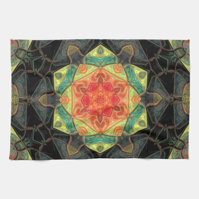 Paño De Cocina Mosaico Mandala Flor Rojo Amarillo Verde y Negro (Horizontal)
