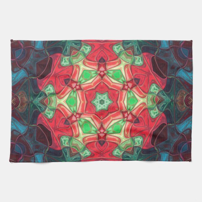Paño De Cocina Mosaico Mandala Flor Rojo Verde azulado y Azul (Horizontal)