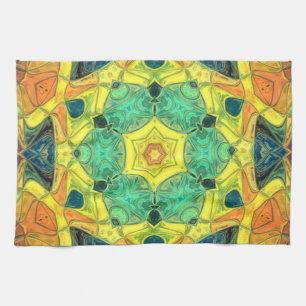 Paño De Cocina Mosaico Mandala Flor Verde Amarillo azul y Naranja