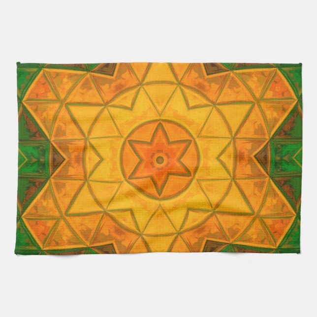 Paño De Cocina Mosaico Mandala Flor Verde y Amarillo (Horizontal)