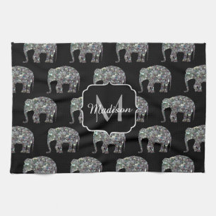 Paño De Cocina Mosaico plateado brillante monograma de elefante c