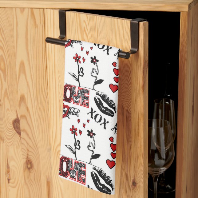 Paño De Cocina Motivo de San Valentín Rojo Negro Blanco (Pliegue de tercios)