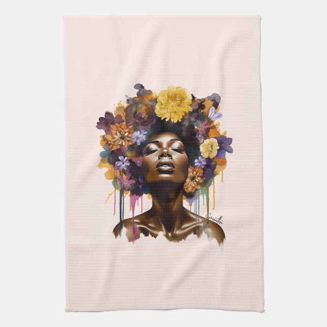 Paño De Cocina Mujer afroamericana con pelo afro floral (3) (Vertical)