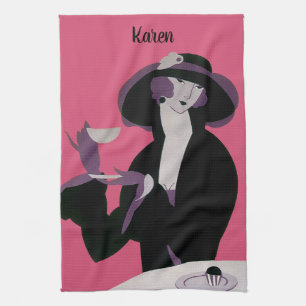 Paño De Cocina Mujer Art Déco Vintage, Té de la Tarde y Magdalena