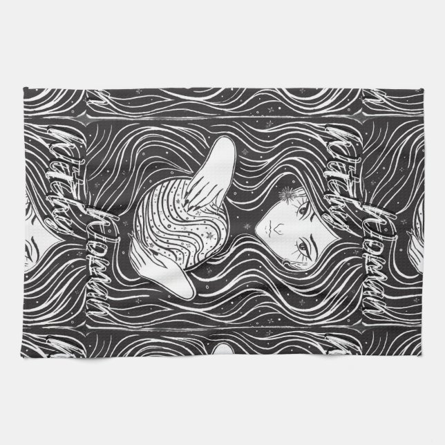 Paño De Cocina Mujer Brujera Artista Negro y Blanco (Horizontal)
