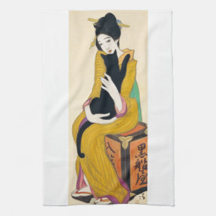 Paño De Cocina Mujer con el gato negro, Yumeji Takehisa