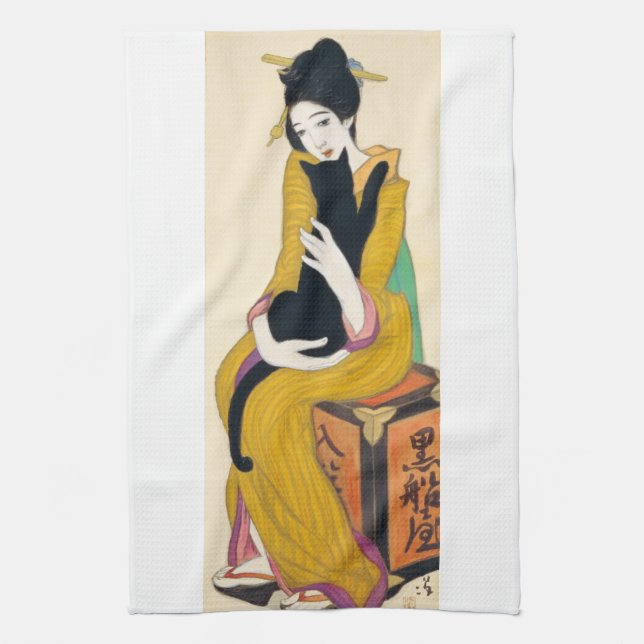 Paño De Cocina Mujer con el gato negro, Yumeji Takehisa (Vertical)
