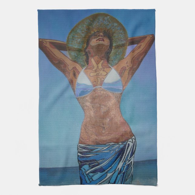 Paño De Cocina Mujer Con Gorra Y Sarong Disfrutando Del Verano (Vertical)
