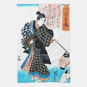 Paño De Cocina Mujer Japonesa y Cachorros, Kuniyoshi