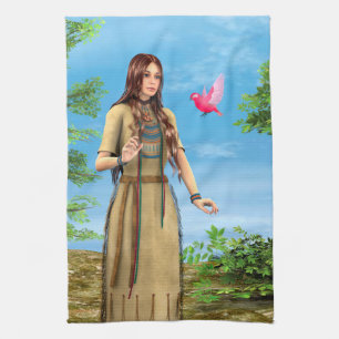 Paño De Cocina Mujer Nativa Americana Arte de Bosque y Pájaro