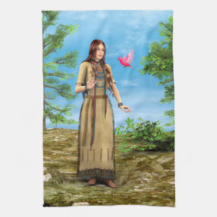Paño De Cocina Mujer Nativa Americana Arte de Bosque y Pájaro