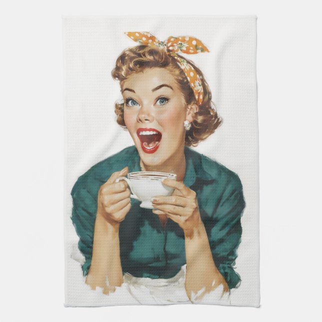 Paño De Cocina Mujer Retro Alegre Disfrutando Café (Vertical)