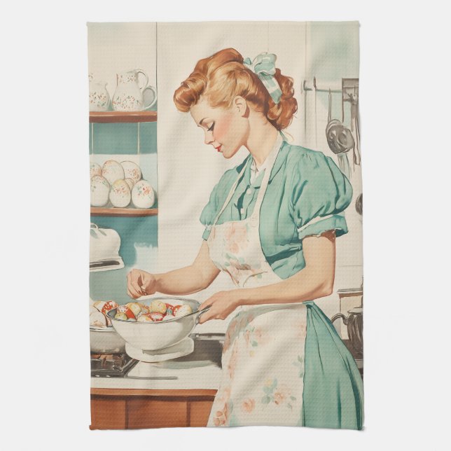 Paño De Cocina Mujer ventilado prepara huevos de Pascua (Vertical)
