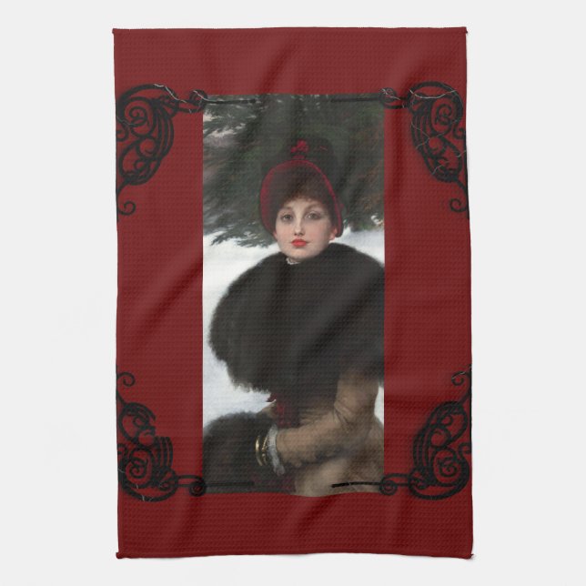 Paño De Cocina Mujer victoriana escena del invierno retrato negro (Vertical)