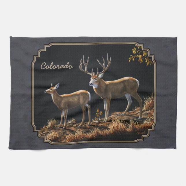 Paño De Cocina Mule Deer Buck y Doe Gray Personalizado (Horizontal)