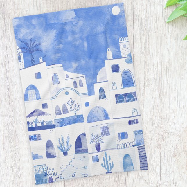 Paño De Cocina Municipio de Santorini (Santorini blue and white watercolor painting on a kitchen towel)