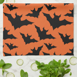 Paño De Cocina Murciélagos negros de Halloween naranja patrón esp
